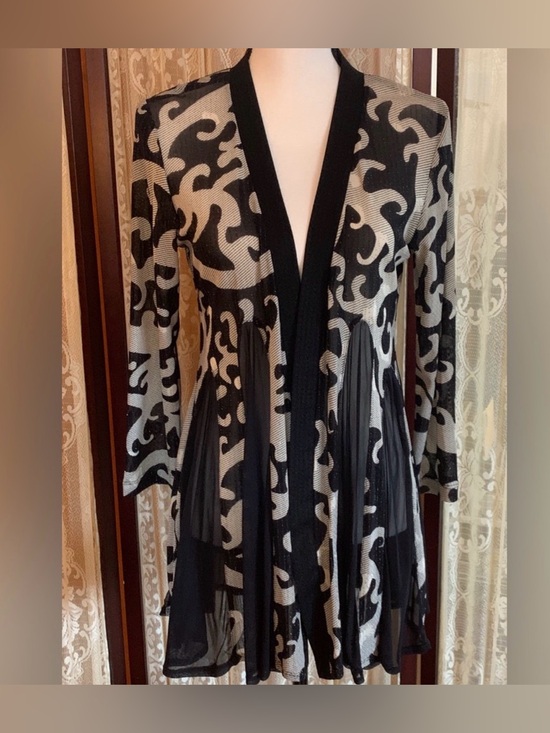 Patchington Sweaters - Vintage size SMALL Patchington Black & Cream Abstract Pattern Long Open Cardigan